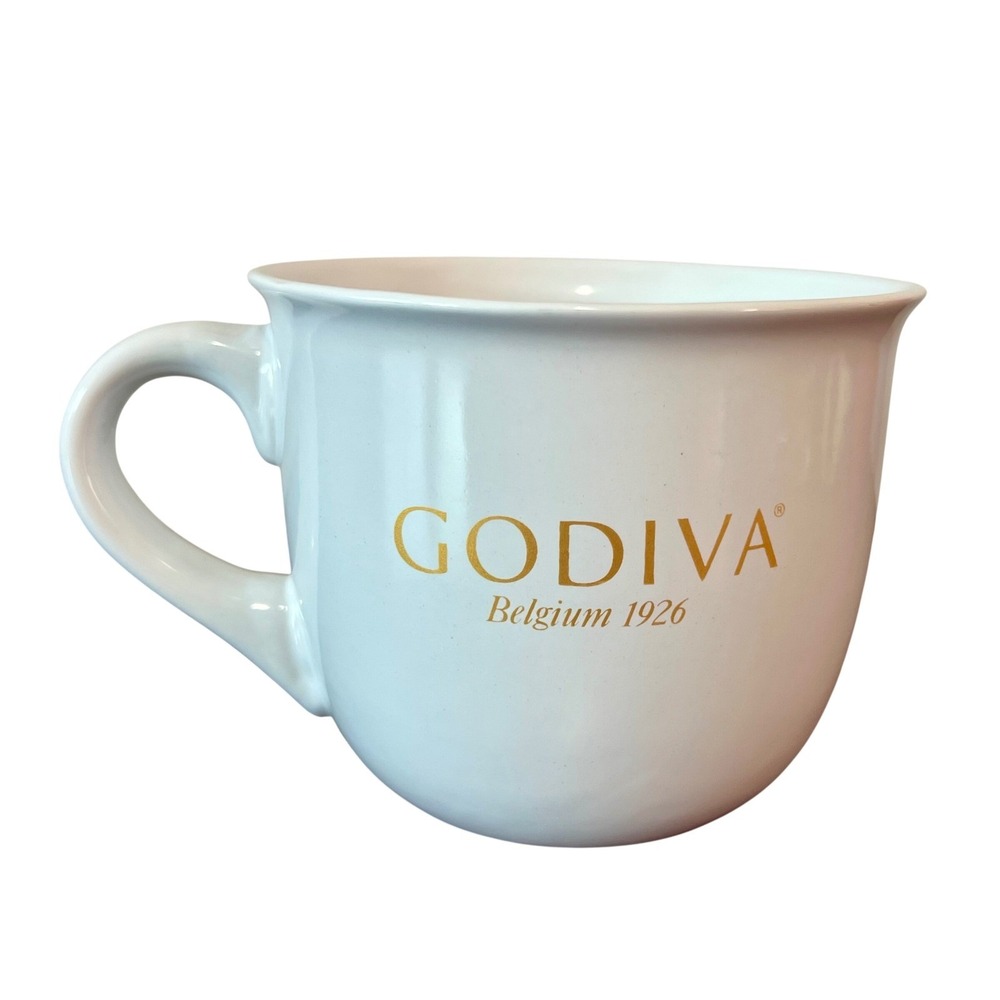 Godiva Belgium 1926 White Stoneware Coffee Mug Modern Gourmet Foods Gold Logo